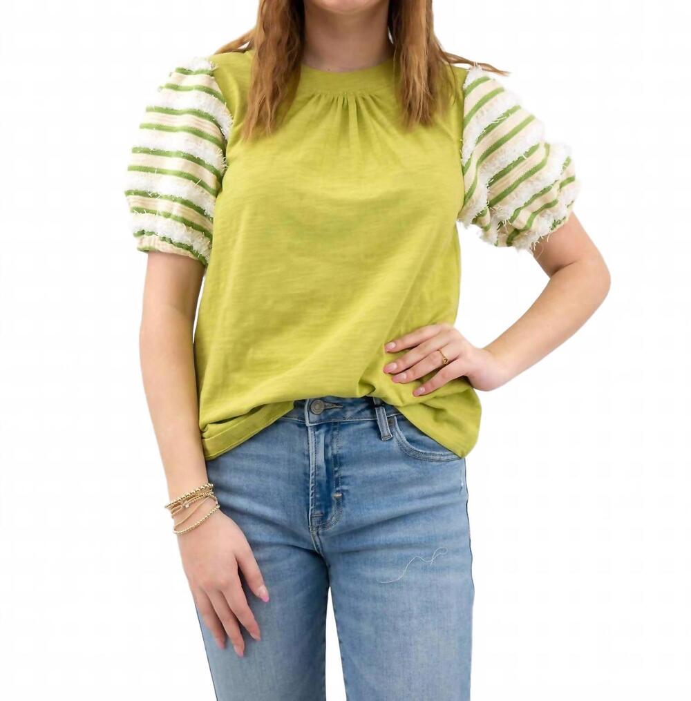 NEW VOY striped puff sleeve top in light green